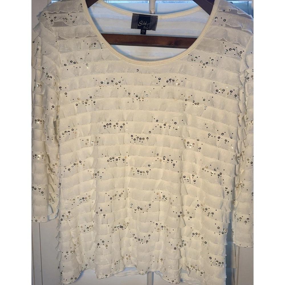 Slinky Brand Size‎ Medium Gray Ruffle Top With Sequins Poly Spandex